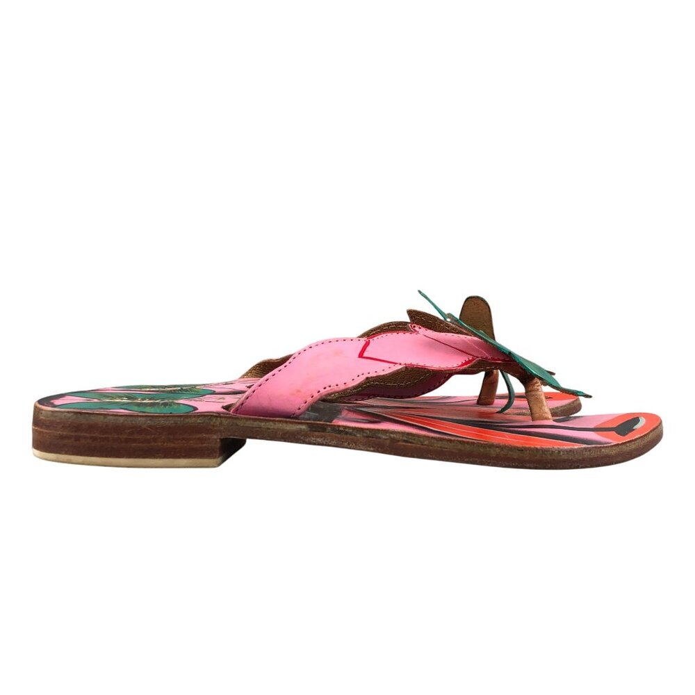 ENIGMA Women's Size 37 Pink Green Orange Genuine Leather Butterfly Flats Sandals